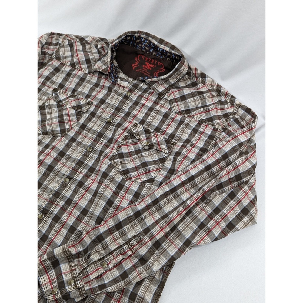 Mens Twenty X Western Shirt 2XL XXL Pearl Snap Brown Plaid Wrangler